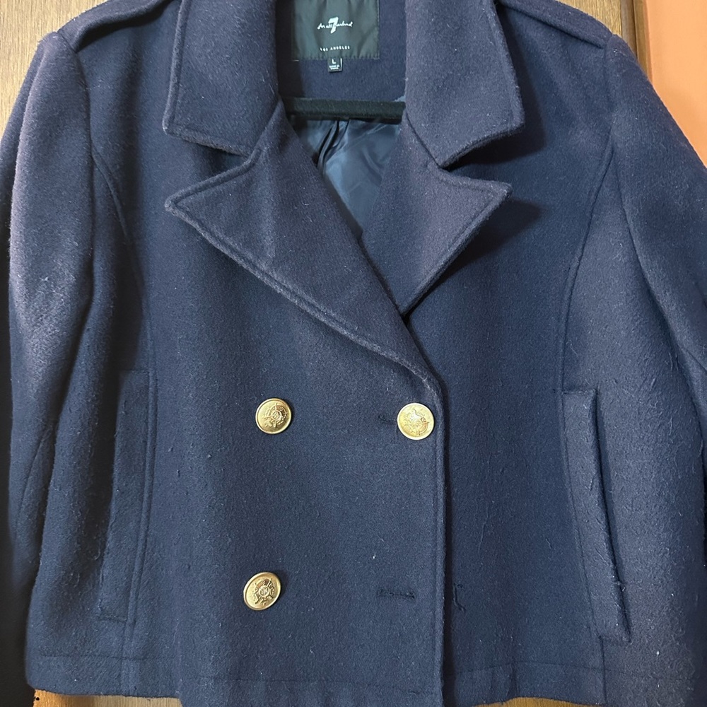 7 For All Mankind Dark Blue Crop Peacoat with Gold Accents